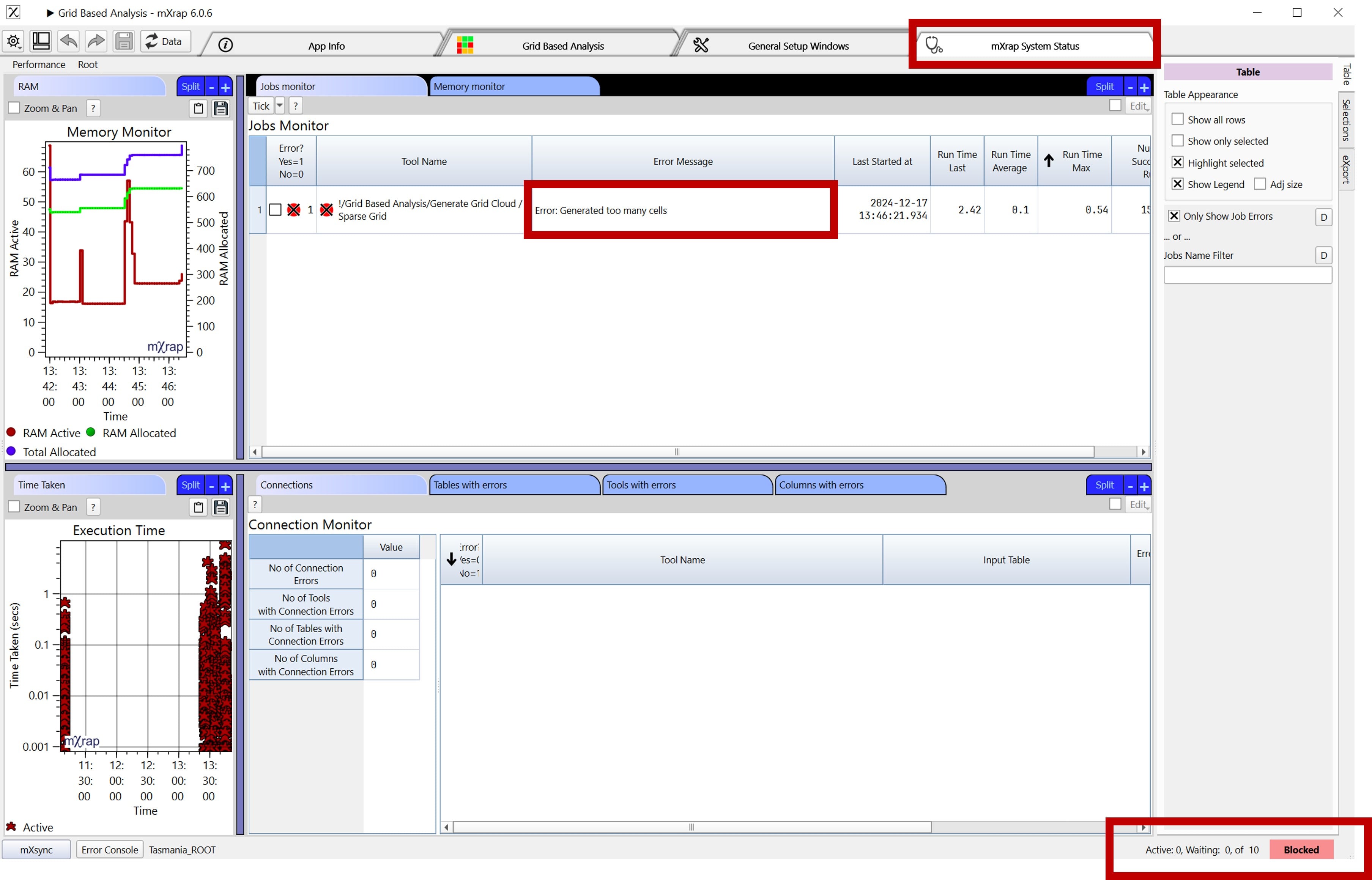 mXrap status bar showing 'Blocked' error message due to grid being too large or dense