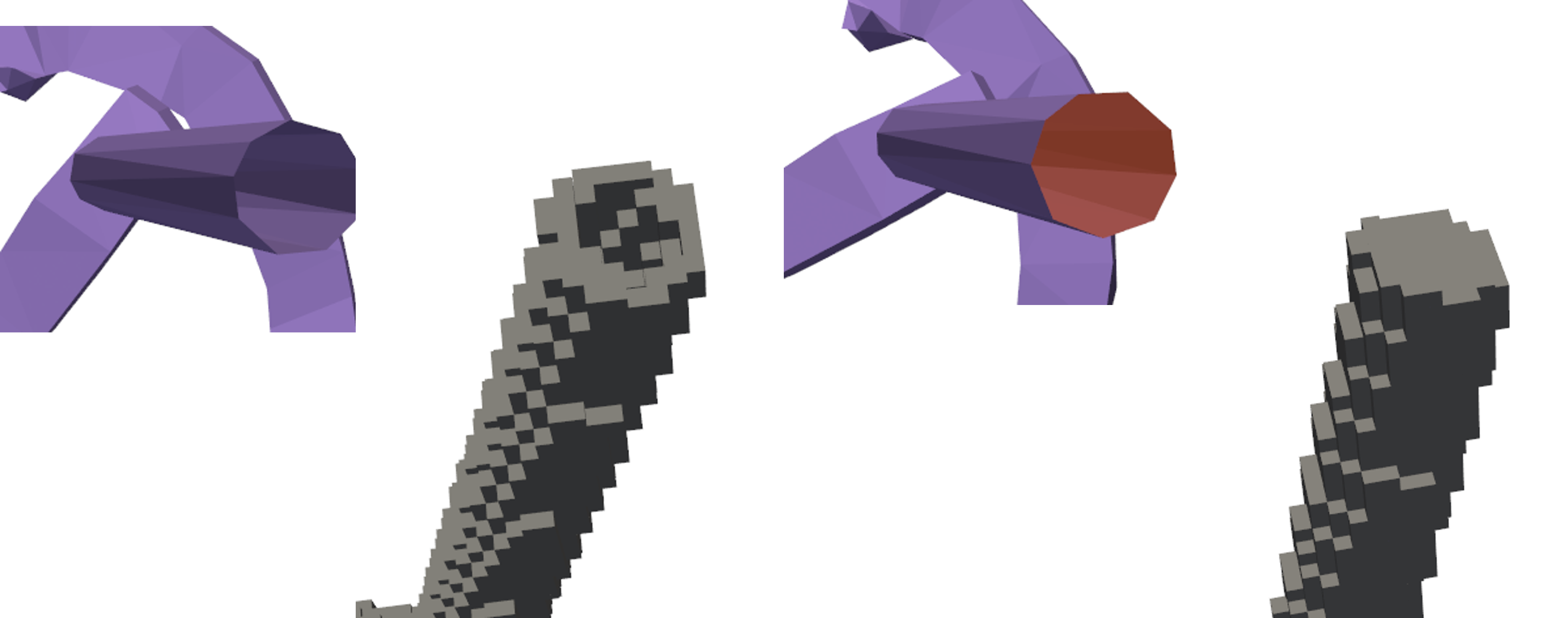 Left side: open surface and the blocks forming volumes along the surface only. Right side: correctly formed volume