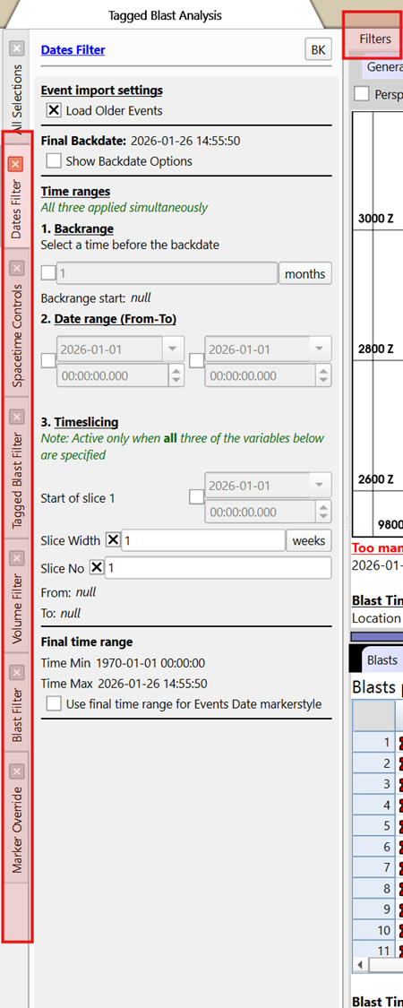 Filter panels in the Location Quality window