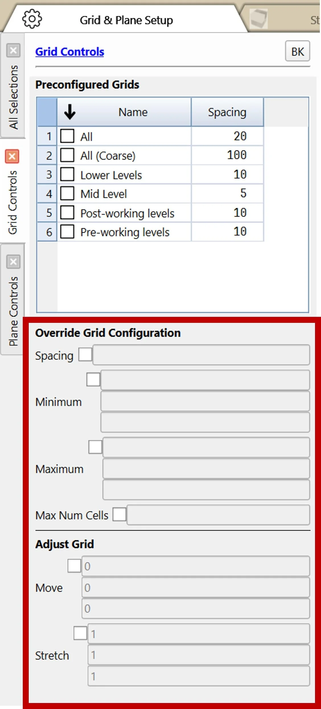 Grid Controls panel showing override options for grid configuration