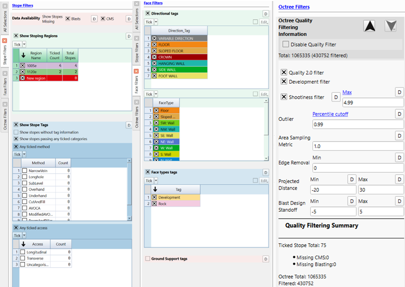 Per stope, face and octree filter panels
