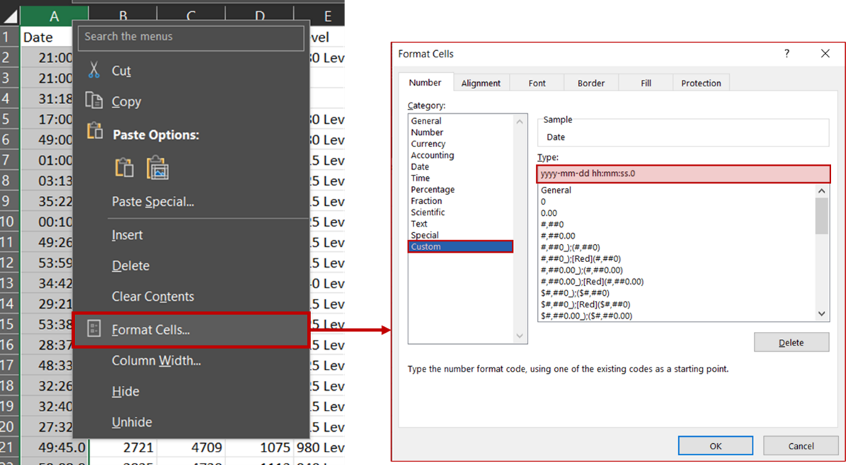 Excel Format Cells dialog showing Custom category with yyyy-mm-dd hh:mm.0 format entered