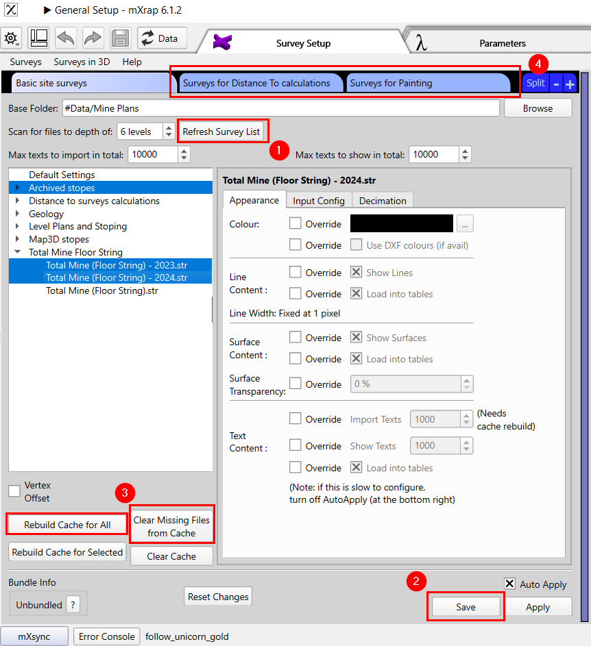 Survey Setup window showing the Refresh Survey List and Clear Missing Files from Cache buttons